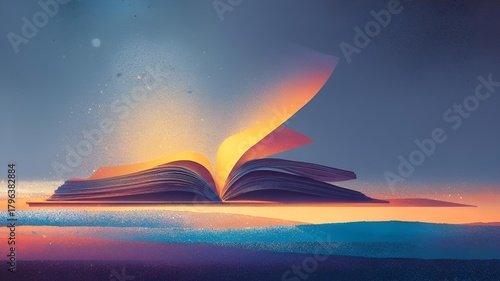 Digital illustration of an open book with glowing, turning pages, symbolize storytelling, knowledge, or the power of reading. Blue dreamy background, enchanted and magical book