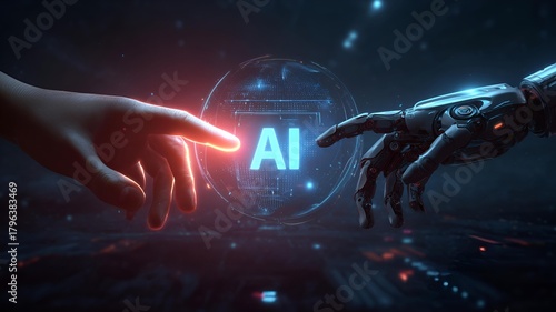 Human hand and a robotic hand reaching out toward each other on holographic data background, cyberpunk environment. Glowing fingers. Futuristic digital concept of artificial intelligence