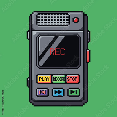 A pixel art illustration of a vintage-style digital voice recorder with "REC" displayed on its screen.