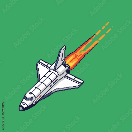 Pixel art isometric space shuttle launching with fiery exhaust on a solid green background.