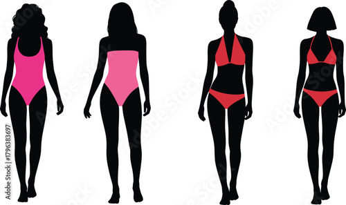 Swimsuit Silhouettes Vector Illustration Featuring One-Piece and Bikini Styles in Pink and Red, Fashion Design for Summer, Beachwear, and Apparel