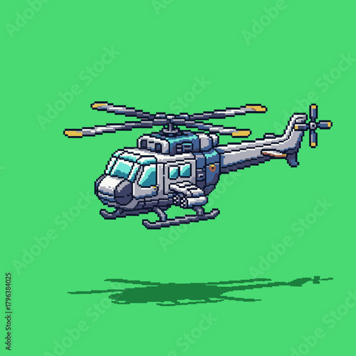 A pixel art illustration of a gray and blue helicopter with spinning rotors, casting a shadow on a vibrant green background.