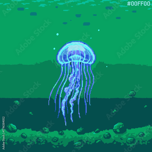 A vibrant pixel art illustration of a glowing blue jellyfish gracefully floating in a dark green underwater environment with sparkling elements.