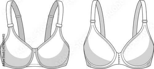 Technical Bra Construction Vector Illustration Showing Seam Details, Strap Placement, and Structural Design for Lingerie Manufacturing, Fashion, and Apparel Development