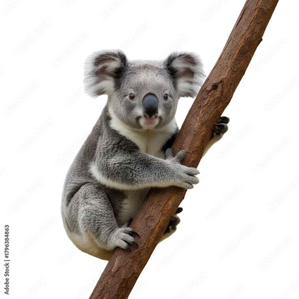 Fototapeta premium Cute koala sitting on a tree branch in Australia surrounded by eucalyptus leaves
