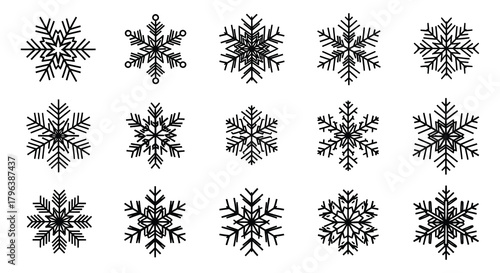 Collection of fifteen intricate black snowflake illustrations on a white background for winter decoration