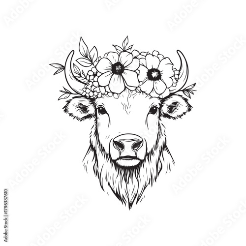 Floral Crown Bull Head – Cute Farm Animal Line Art Illustration