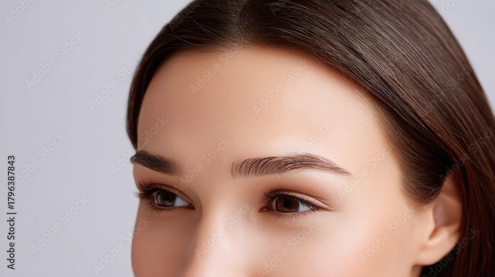 Obraz premium Close-Up of Beautiful Female Face Featuring Smooth Skin and Natural Makeup Showcasing Elegant Eyebrow Shape and Enchanting Eye Expression