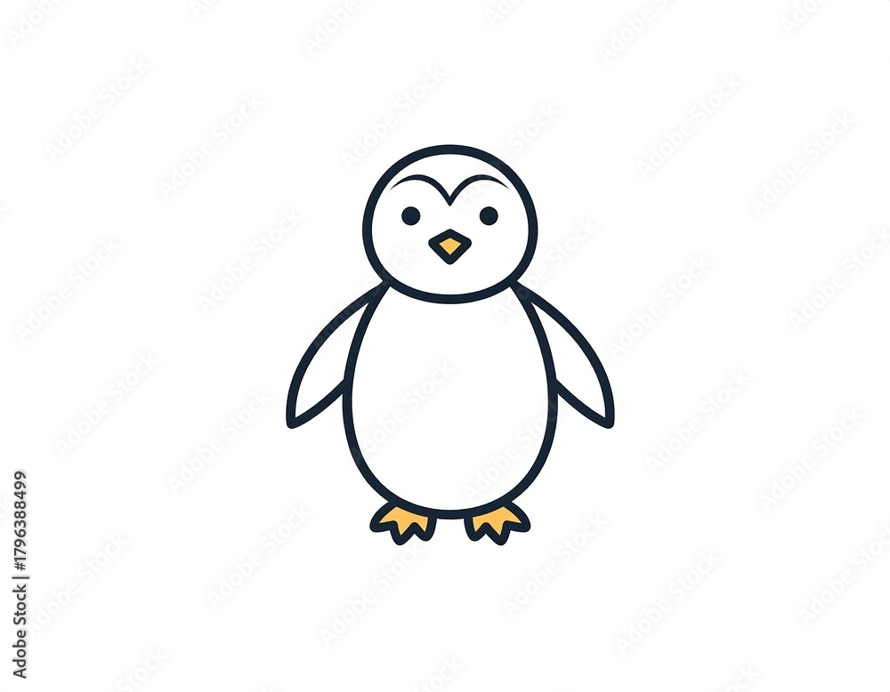 Obraz premium A simple, cartoon-style depiction of a standing penguin, featuring a white body, black outlines, and yellow beak & feet
