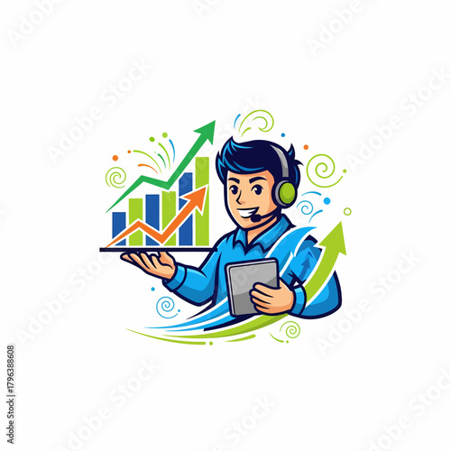 Cartoon illustration man with headset presenting financial growth chart data