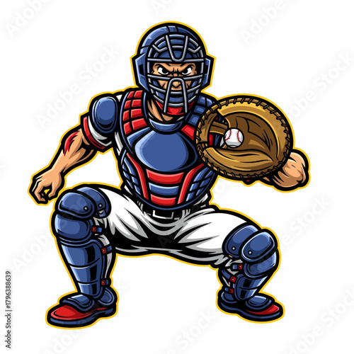 Cartoon illustration of catcher holding ball during baseball game