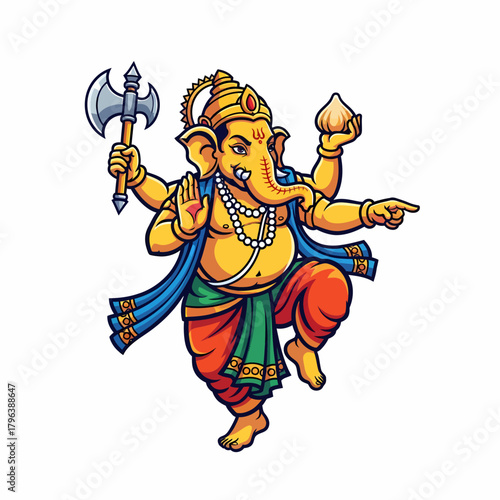 Cartoon illustration of hindu god Ganesha holding axe and sweet