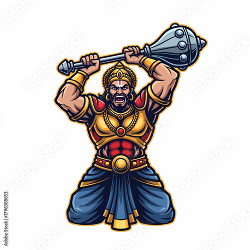 Cartoon illustration of indian mythological warrior wielding mace weapon design