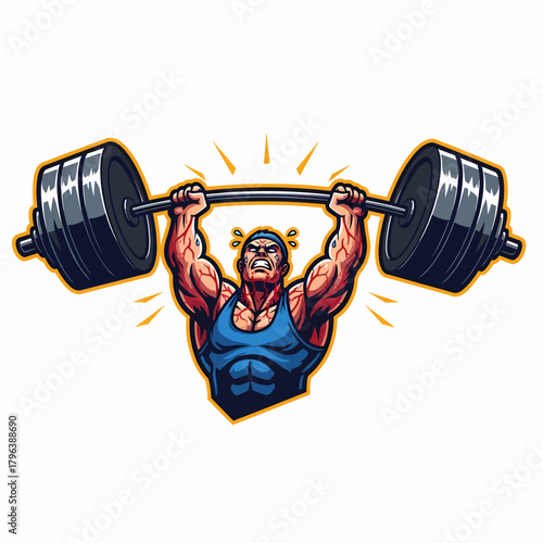 Cartoon illustration Strong man lifting heavy barbell powerlifting exercise