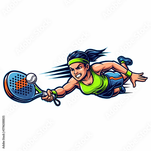 Cartoon vector athletic woman dives hitting padel ball aggressively