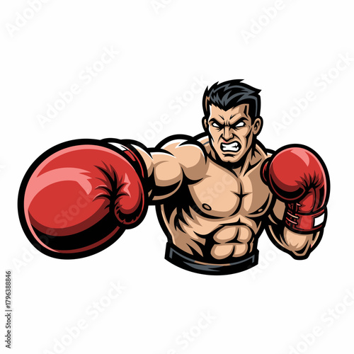 Cartoon vector fighter delivering powerful boxing punch with intense expression