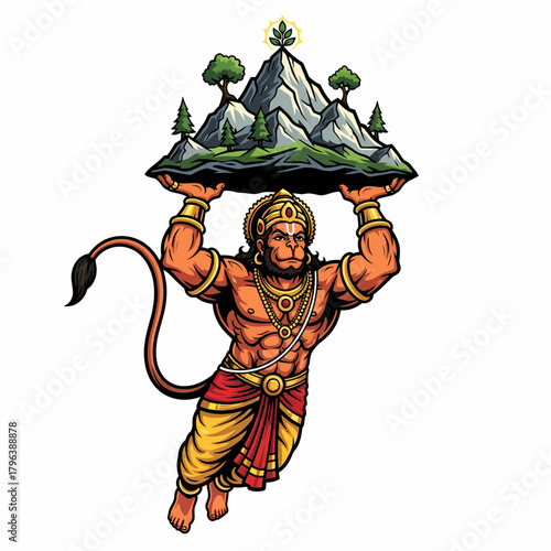 Cartoon vector Hanuman lifting mountain symbol of strength and devotion