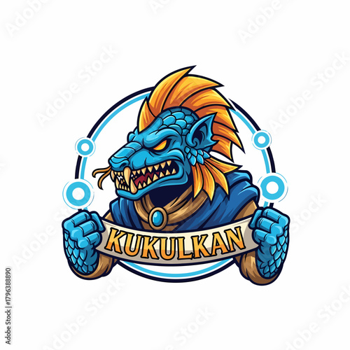 Cartoonish mascot illustration fierce kukulkan dragon with golden mohawk