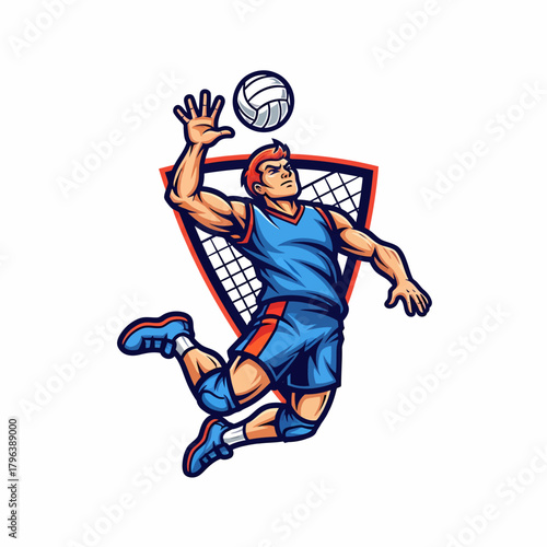 Illustration athlete spiking volleyball during a match with net backdrop