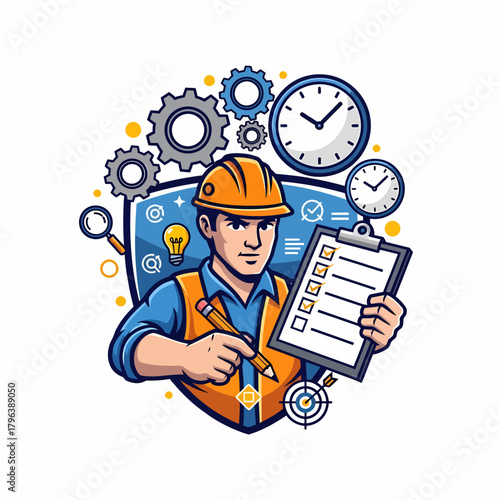 Illustration engineer with checklist inspecting process deadline time management