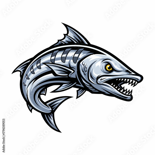 Illustration ferocious barracuda showing sharp teeth aggressively swimming underwater isolated