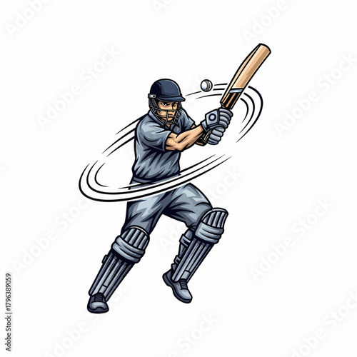 Illustration cricketer batsman hitting ball during sporting match play action