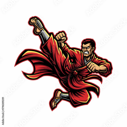 Illustration martial arts superhero in red kimono high kick pose