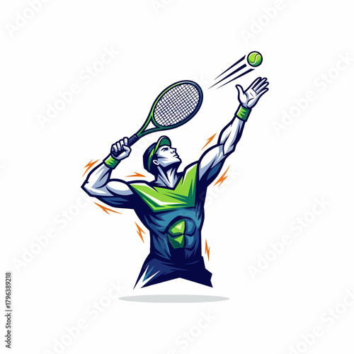 Illustration muscular tennis player serving ball vector graphic sportive athletic