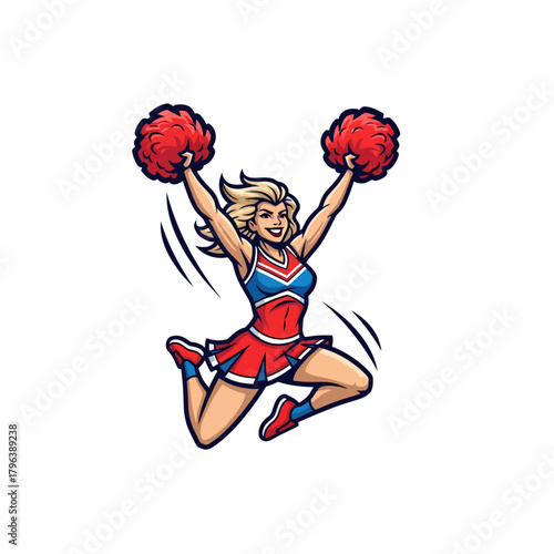 Illustration of a blonde cheerleader jumping enthusiastically with pom poms