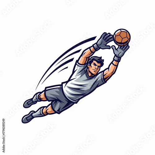 Illustration of a dynamic goalkeeper stretching hands to catching ball action