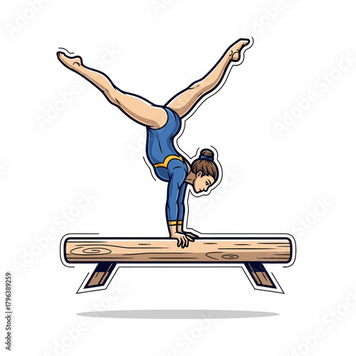 Illustration of a gymnast performing handstand on balance beam elegantly
