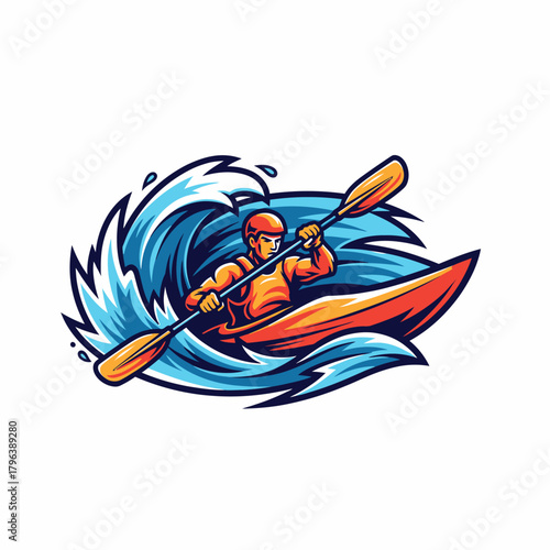 Illustration of a kayaker riding a wave with sporty style