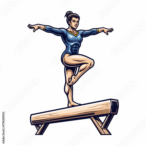 Illustration of gymnast balancing on beam with arms outstretched performing