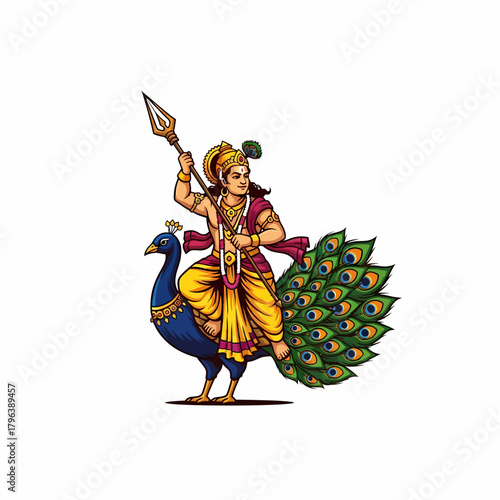Illustration of hindu god Murugan riding a peacock holding spear