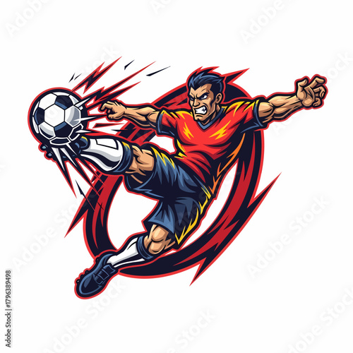 Illustration of intense soccer player powerfully kicking football dynamically graphic