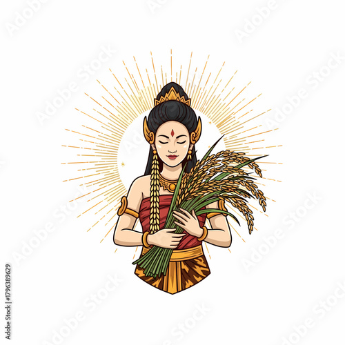 Illustration of Sri Dewi holding rice goddess fertility agriculture symbol