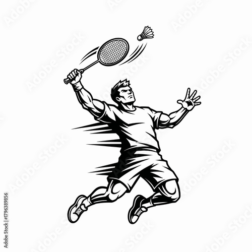 Monochrome vector badminton player smashing shuttlecock powerful action sport illustration