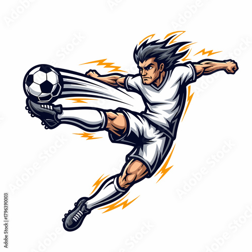 Vector illustration of a soccer player kicking a ball energetically