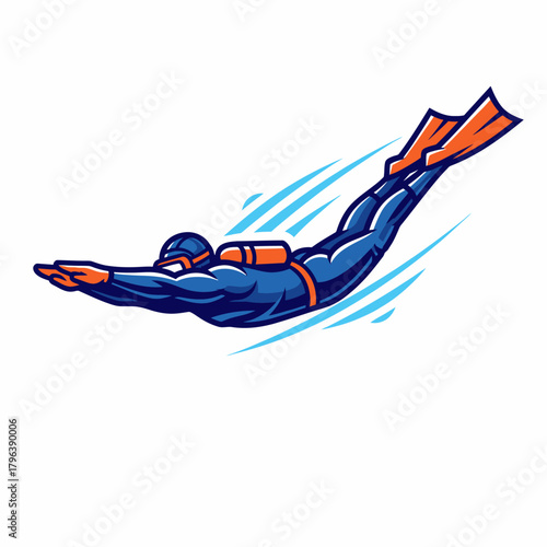 Vector illustration of diver underwater swimming with flippers in blue