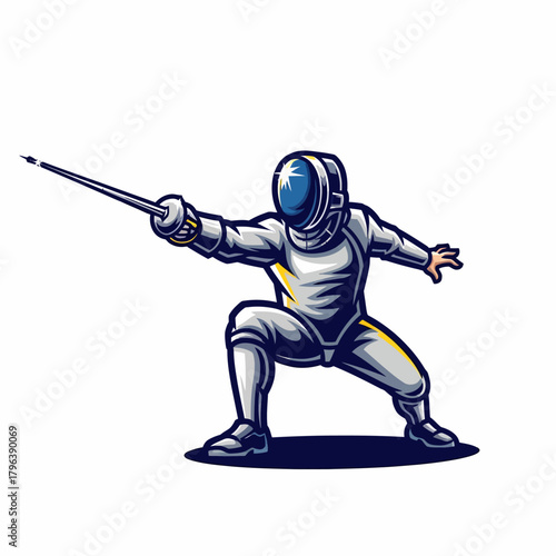 Vector illustration of fencer attacking in protective sportswear and mask