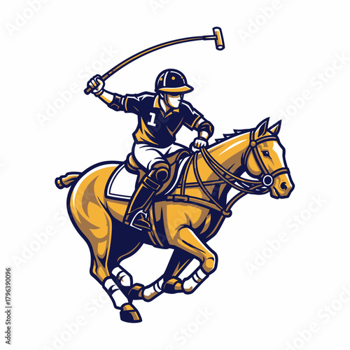 Vector illustration Polo player riding horse striking mallet vigorously