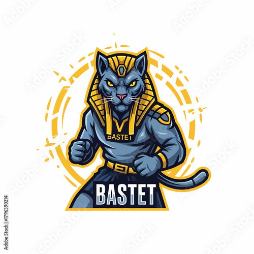 Cartoon bastet egypt cat wearing pharaoh costume mascot character