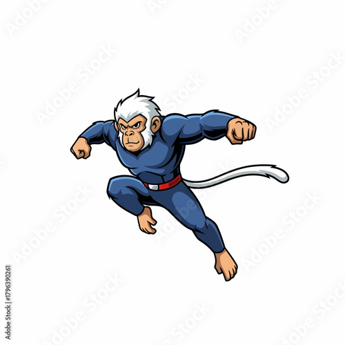 Cartoon character blue monkey superhero landing hero action pose jump
