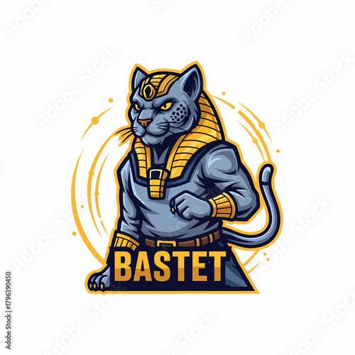 Cartoon illustration Bastet the egyptian cat goddess with golden necklace