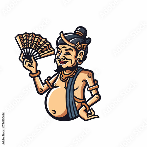 Cartoon illustration javanese character holding fan traditional clothing