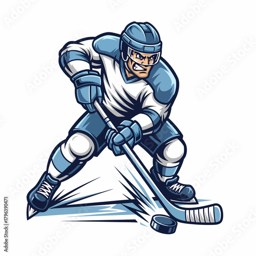 Cartoon illustration hockey player aggressively skates with puck and stick action