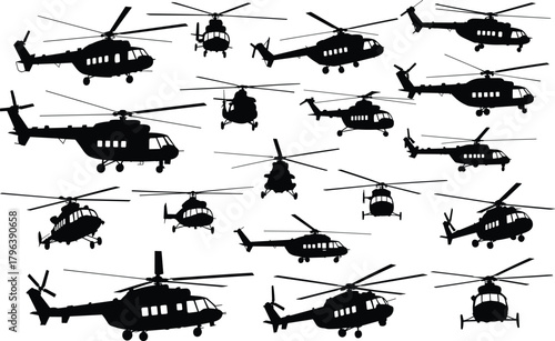 Black helicopter silhouettes vector illustration, aviation aircraft collection set, military and transport helicopters, air vehicle icons for flight, travel, and aviation design themes