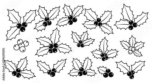 A collection of hand drawn festive holly leaves and berries in a scattered pattern for christmas and winter holidays
