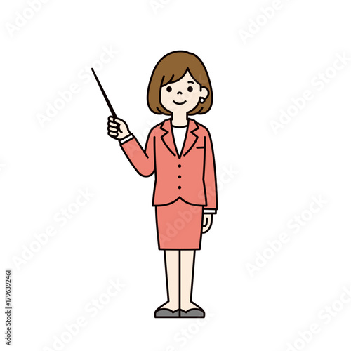 指示棒を持って説明する、スーツを着た若い女性の全身ベクターイラスト素材＿カラー