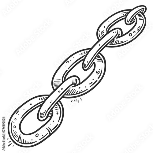 Black and white hand-drawn illustration of five interlinked oval chain links arranged diagonally with shaded texture.